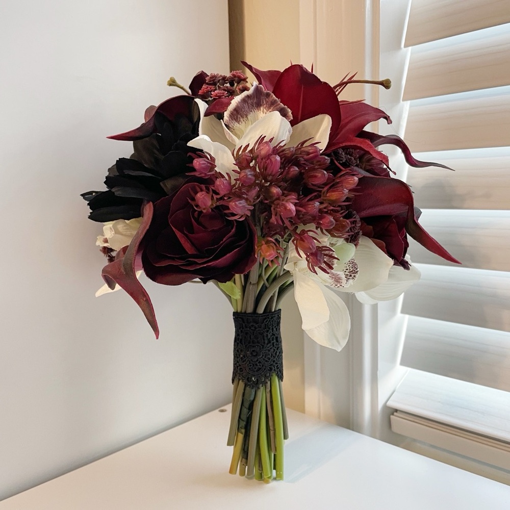 Burgundy, White, and Black Faux Floral Bouquet - Handmade